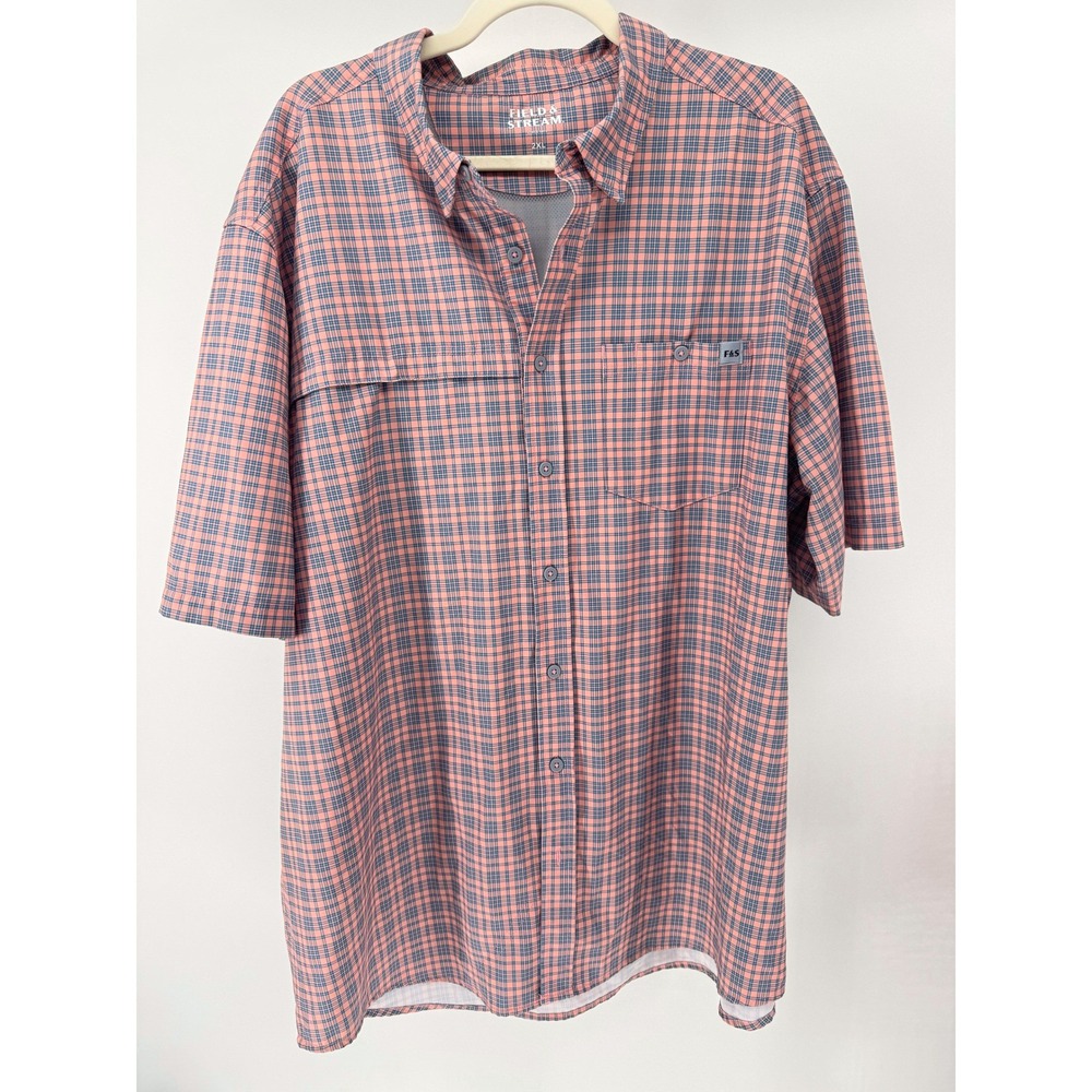 Field & Stream Fishing Shirt Men 2XL Pink Plaid Short Sleeve Button Up